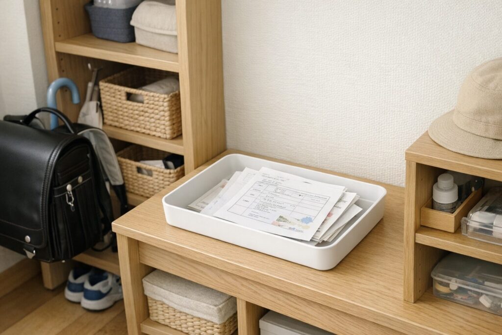 ランドセル置き場の近くに浅いトレーを置き、学校プリントの仮置き場所を作った例