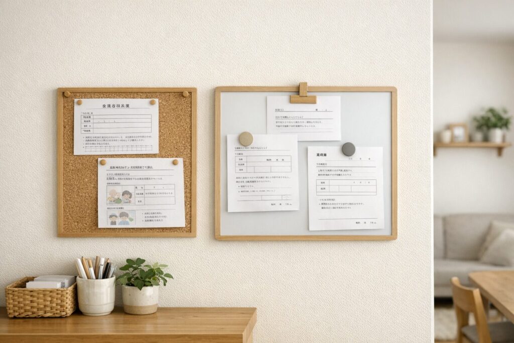 壁掲示と掲示ボードで学校プリントを見える化した要対応書類の管理例