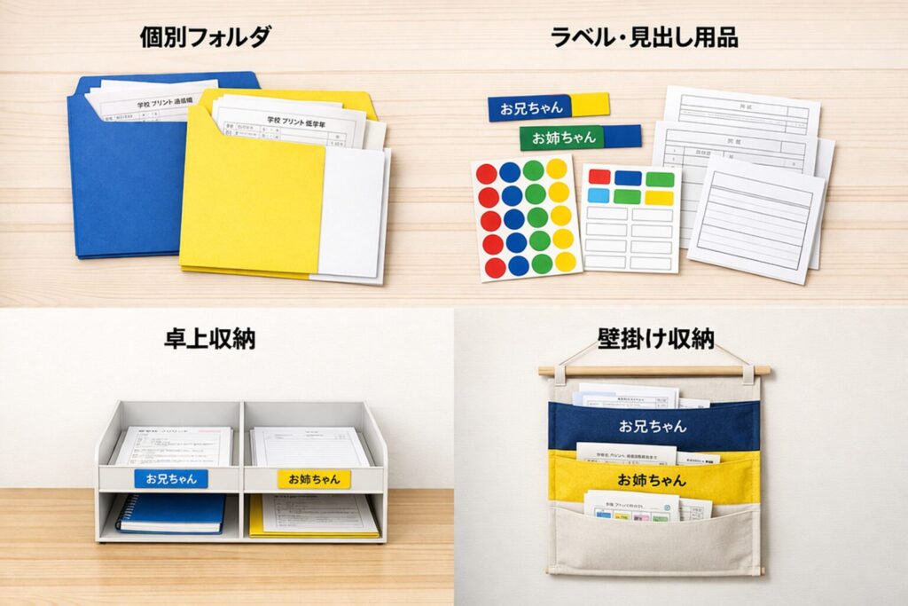 個別フォルダ、ラベル用品、卓上収納、壁掛け収納の4種類を並べ、兄弟別の色分け方法を比較できるようにまとめた図