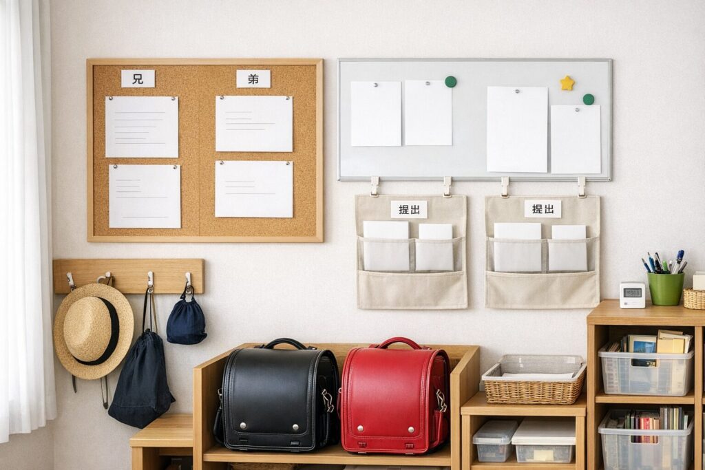 兄弟別に分けた壁の掲示スペースと提出ポケットを、ランドセル置き場の近くに設けて学校プリントを管理している様子