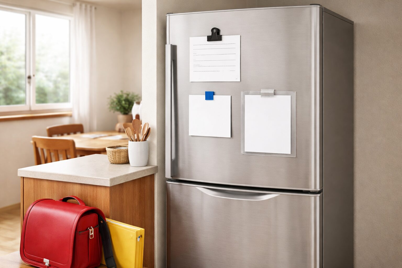 冷蔵庫に学校プリントをマグネットクリップとポケットで掲示し、提出物を見える場所で管理している様子