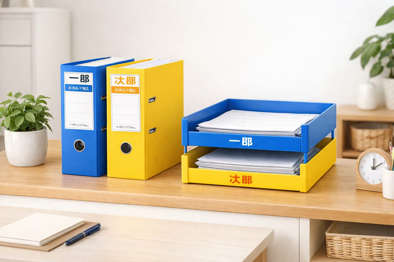 青と黄色で色分けされた兄弟別のプリント収納。ファイルとトレーにそれぞれ分けて書類を管理している様子