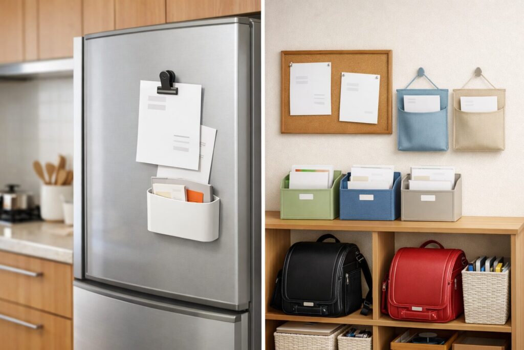 冷蔵庫掲示と壁掲示の2つの方法で、学校プリントや提出物を管理する例を比較した画像