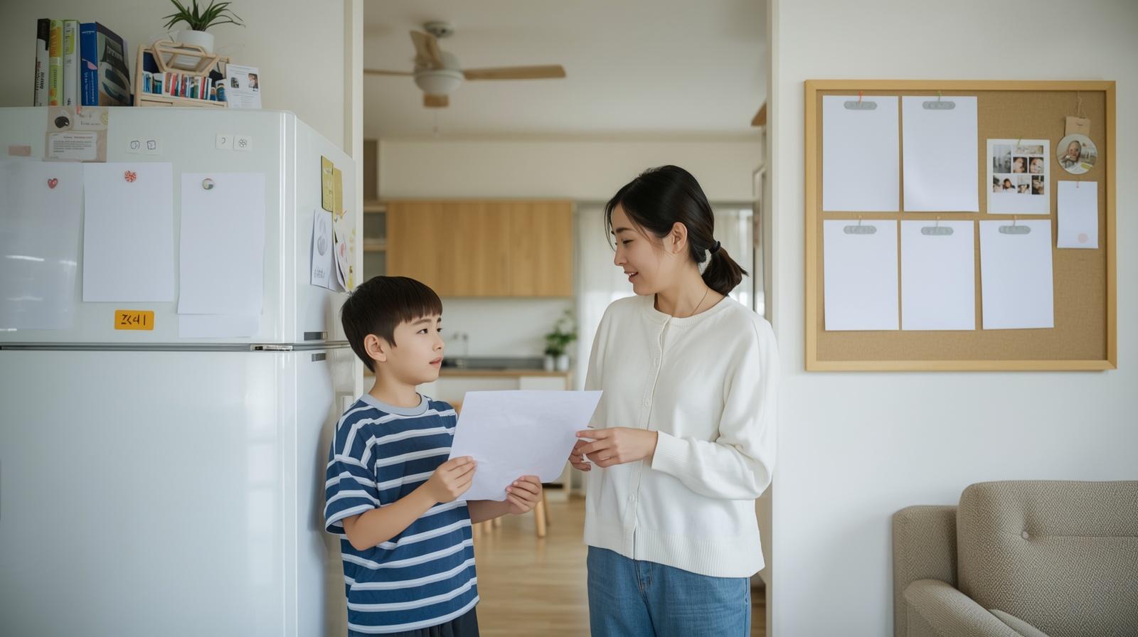 小学生の子どもが学校の提出物プリントを持ち帰り、親と一緒に冷蔵庫と壁の掲示スペースを確認している家庭内の様子