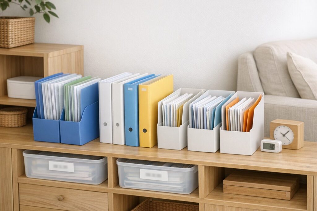 ファイルや個別フォルダで学校プリントを分類し、兄弟別にも分けて保管した収納例