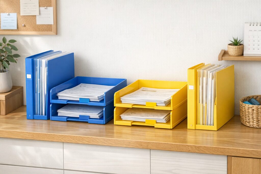青と黄色で兄弟別に分けたファイルボックスと書類トレーを並べ、プリントを色分け収納している様子
