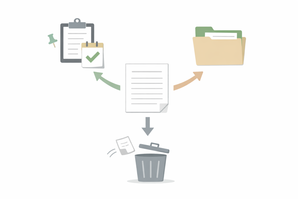 学校プリントを要対応・保管・処分の3つに分ける管理方法の図解