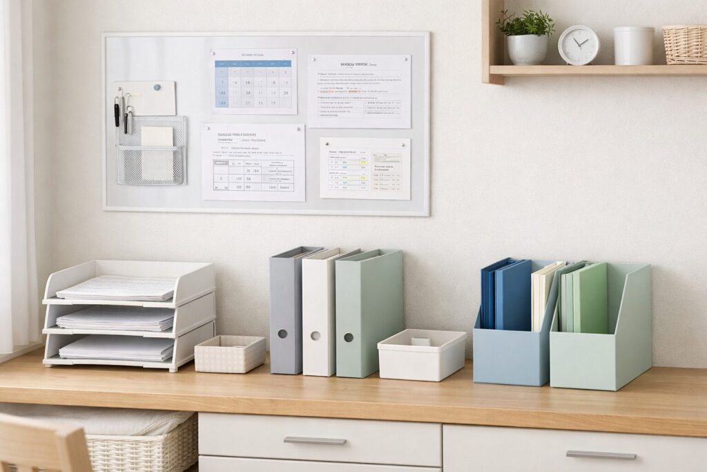 壁掛け収納、卓上トレー、ファイル、個別フォルダ、一時置き場を並べた小学生家庭向けの学校プリント管理イメージ
