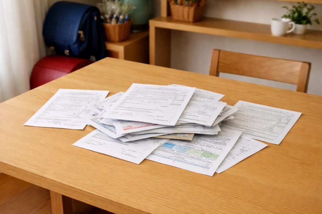 ダイニングテーブルの上に兄弟分の学校プリントが重なって置かれ、管理前で混ざっている様子