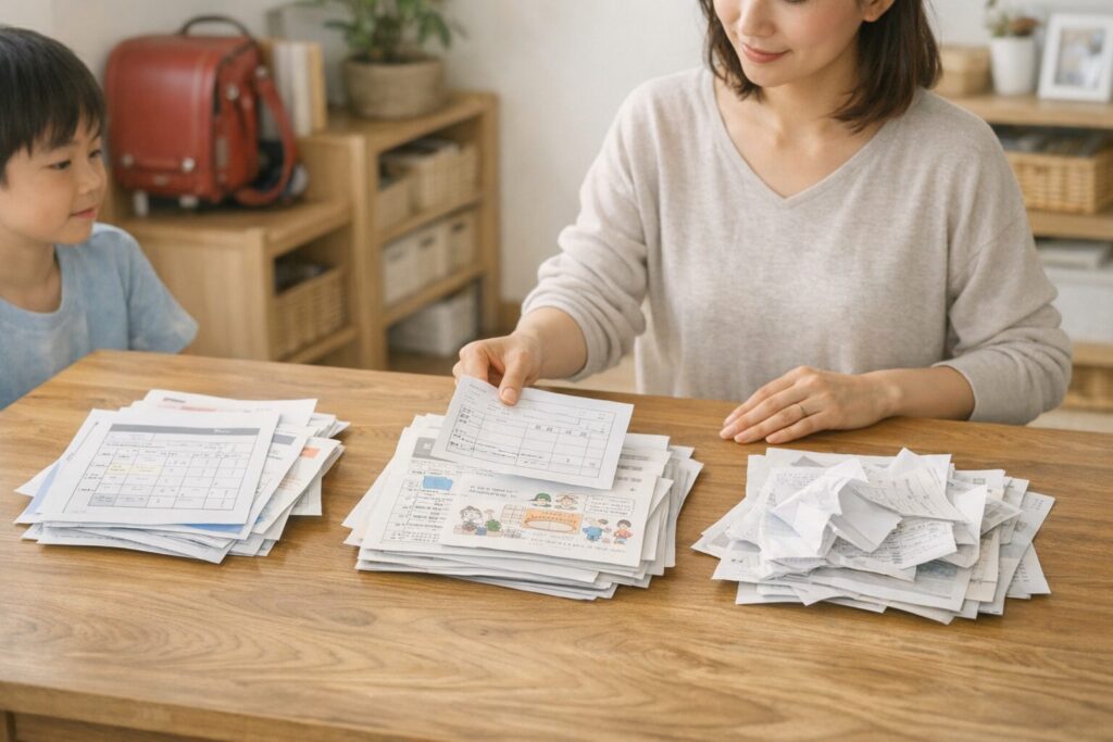 学校プリントを要対応・保管・処分に仕分ける母親と子ども