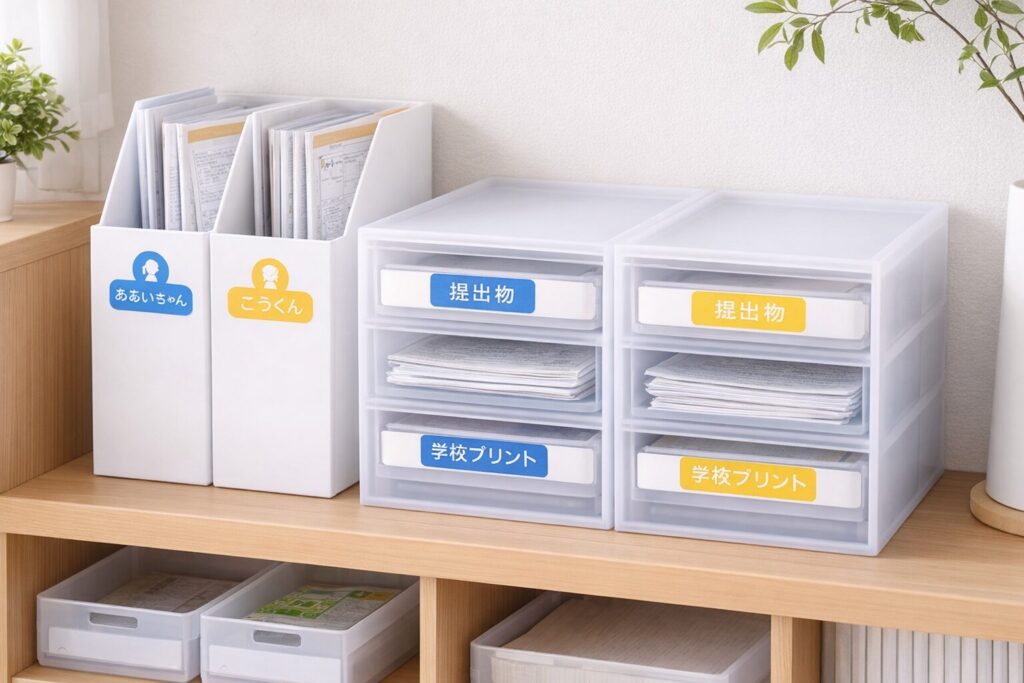 白いファイルボックスと引き出し収納に青と黄色のラベルを付け、兄弟別にプリントを分けて管理している様子