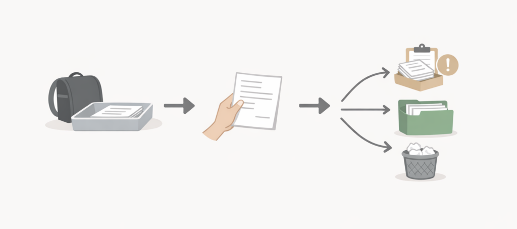 学校プリントを仮置きし、確認後に要対応・保管・処分へ分ける管理ルーティンの図解